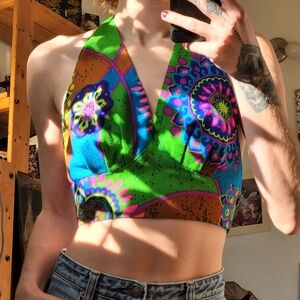 Handmade 70s Floral Print Neon Crop Top Open Back - One Size